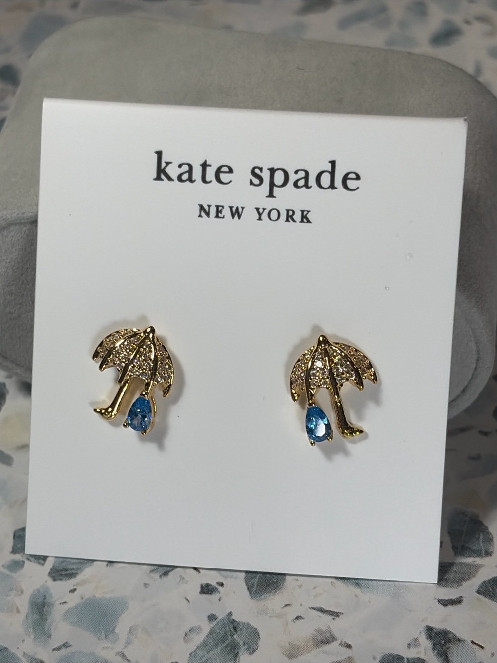 Kate Spade New York Umbrella Stud Earrings Gold Tone Blue Crystal #72 - Picture 2 of 4